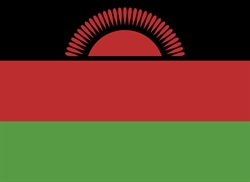 [ai] The national flag of Malawi features three horizontal stripes: black at the top, red in the middle, and green at the bottom. A red rising sun with 16 rays is positioned in the black stripe.